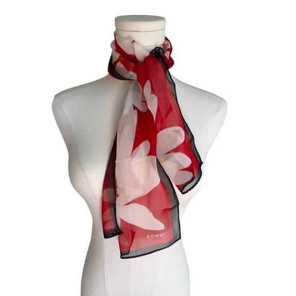 Echo Vintage Long Lightweight Flowy Scarf Red Blue White Floral Sheer - Picture 4 of 4